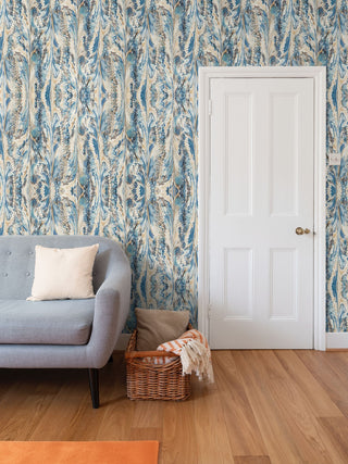 Marbled Feather Wallpaper | Blue & Warm Sand Ebru Art Wall Covering