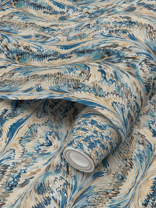 Marbled Feather Wallpaper | Blue & Warm Sand Ebru Art Wall Covering