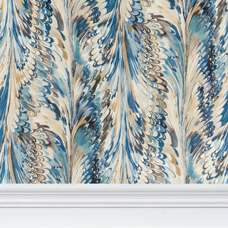 Marbled Feather Wallpaper | Blue & Warm Sand Ebru Art Wall Covering