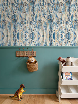Marbled Feather Wallpaper | Blue & Warm Sand Ebru Art Wall Covering