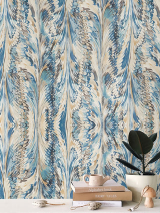 Marbled Feather Wallpaper | Blue & Warm Sand Ebru Art Wall Covering