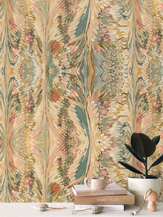 Marbled Feather Wallpaper | Autumn Spice Ebru Repeat Pattern Wallpaper